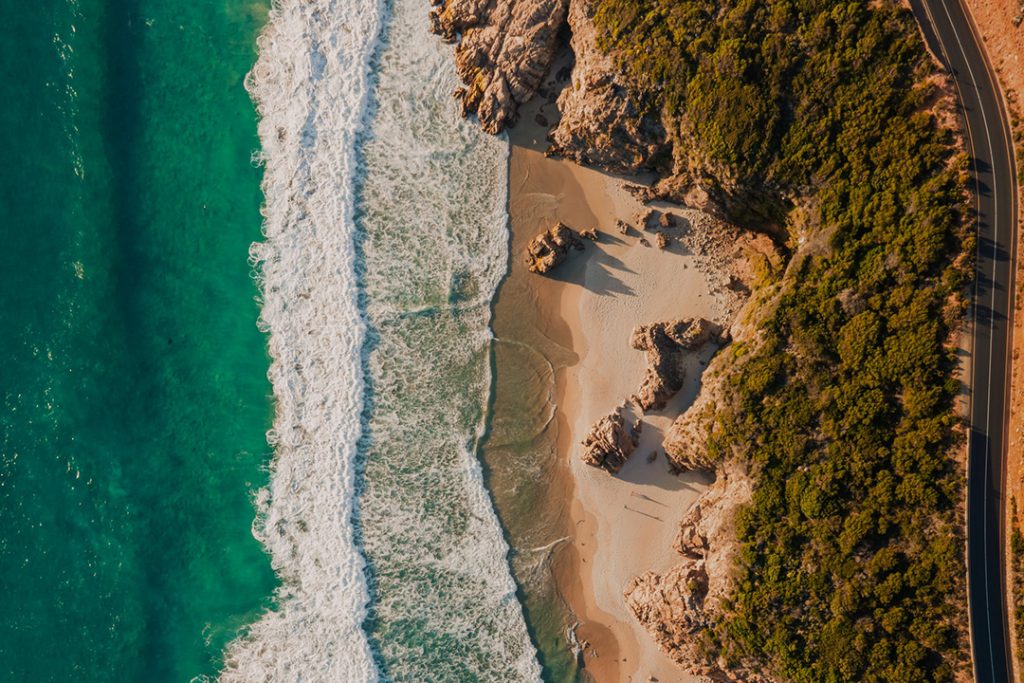 Aerial shot of waves and a beach