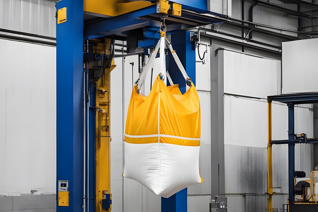 A filled bulk bag undergoes a top lift test in a warehouse.