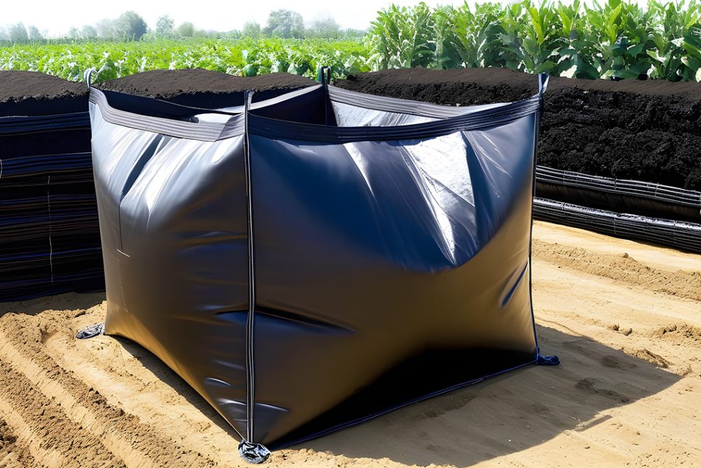 A black bulk bag filled with soil for landscaping.