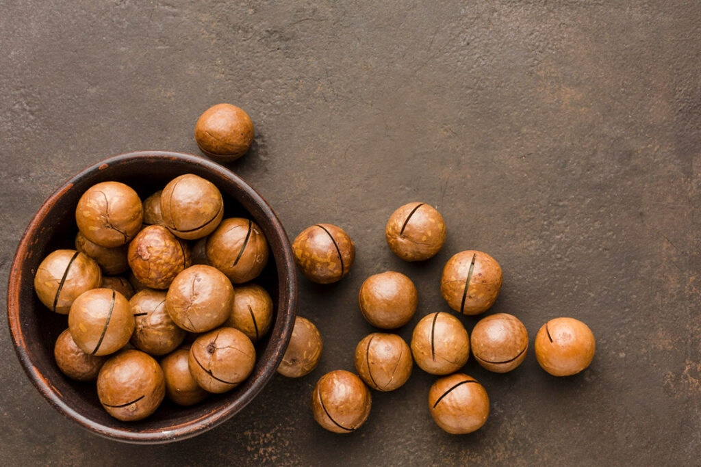 A pile of raw macadamia nuts in shell on a grey surface.