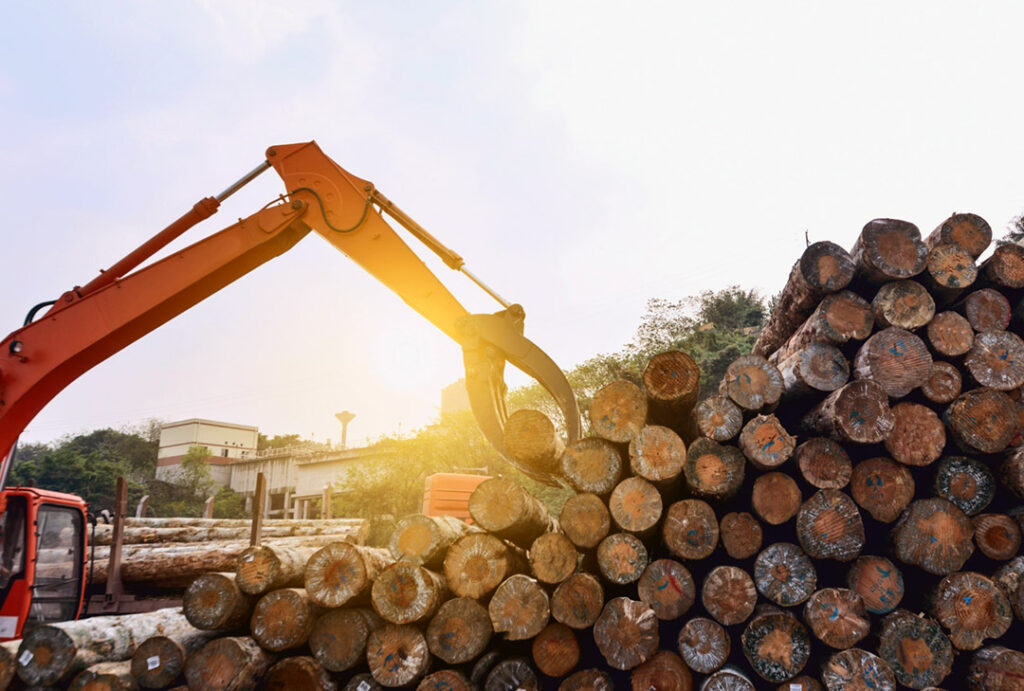 A forestry claw picking up pine logs in a timber mill.