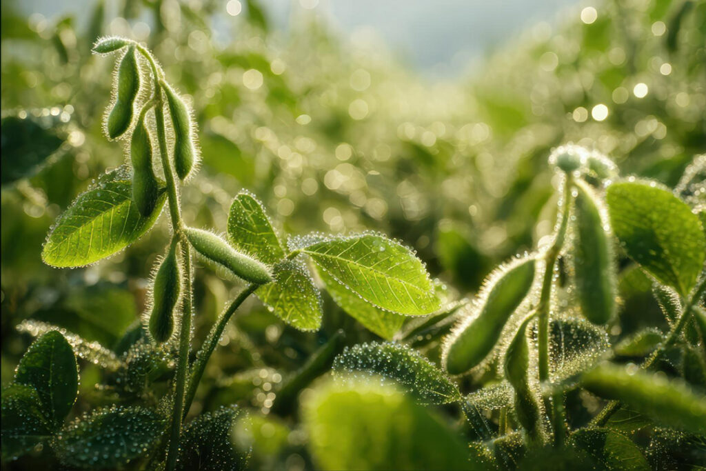 Green soybean pods attached to their plants in the morning sunlight